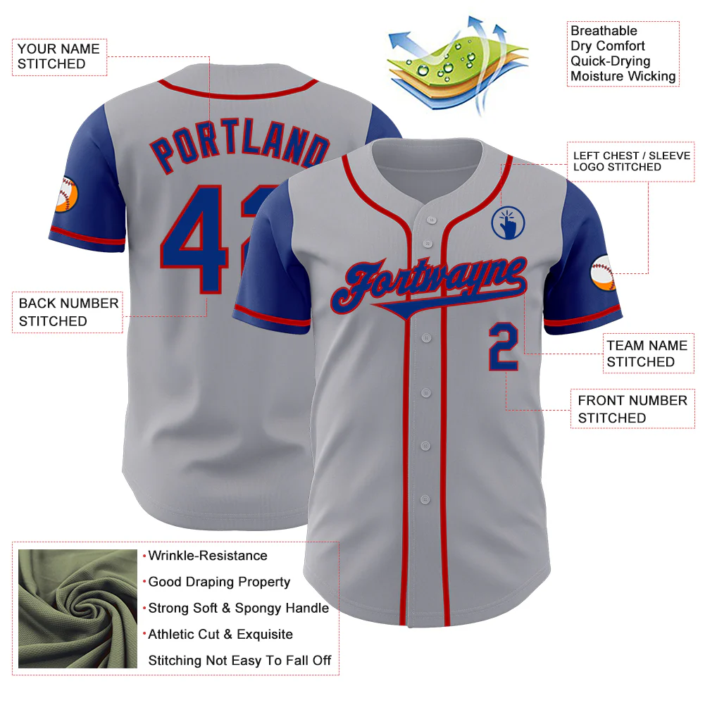 Custom Gray Royal-Red Authentic Two Tone Baseball Jersey - Image 3