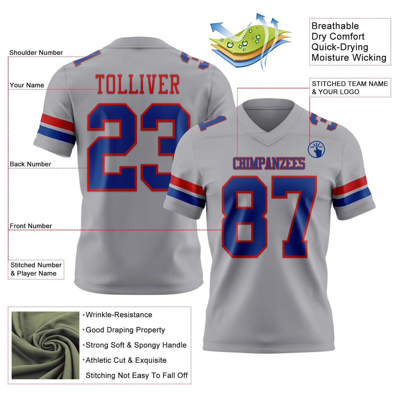 Custom Gray Royal-Red Authentic Football Jersey - Image 3