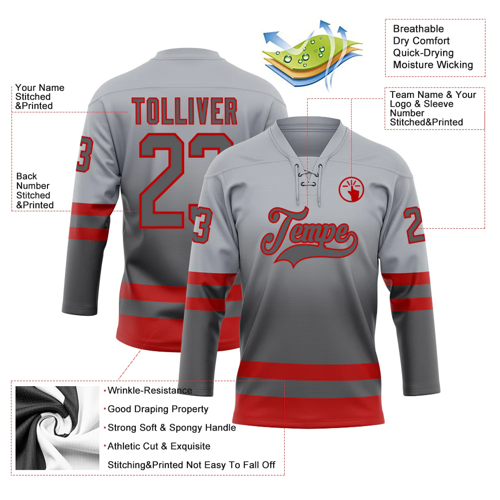 Custom Gray Steel Gray-Red Fade Fashion Hockey Lace Neck Jersey - Image 5