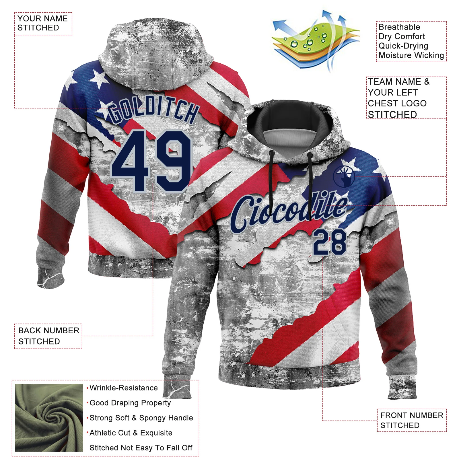 Custom Stitched Gray Navy Red-Silver 3D American Flag Retro Distressed Grunge Sports Pullover Sweatshirt Hoodie - Image 2