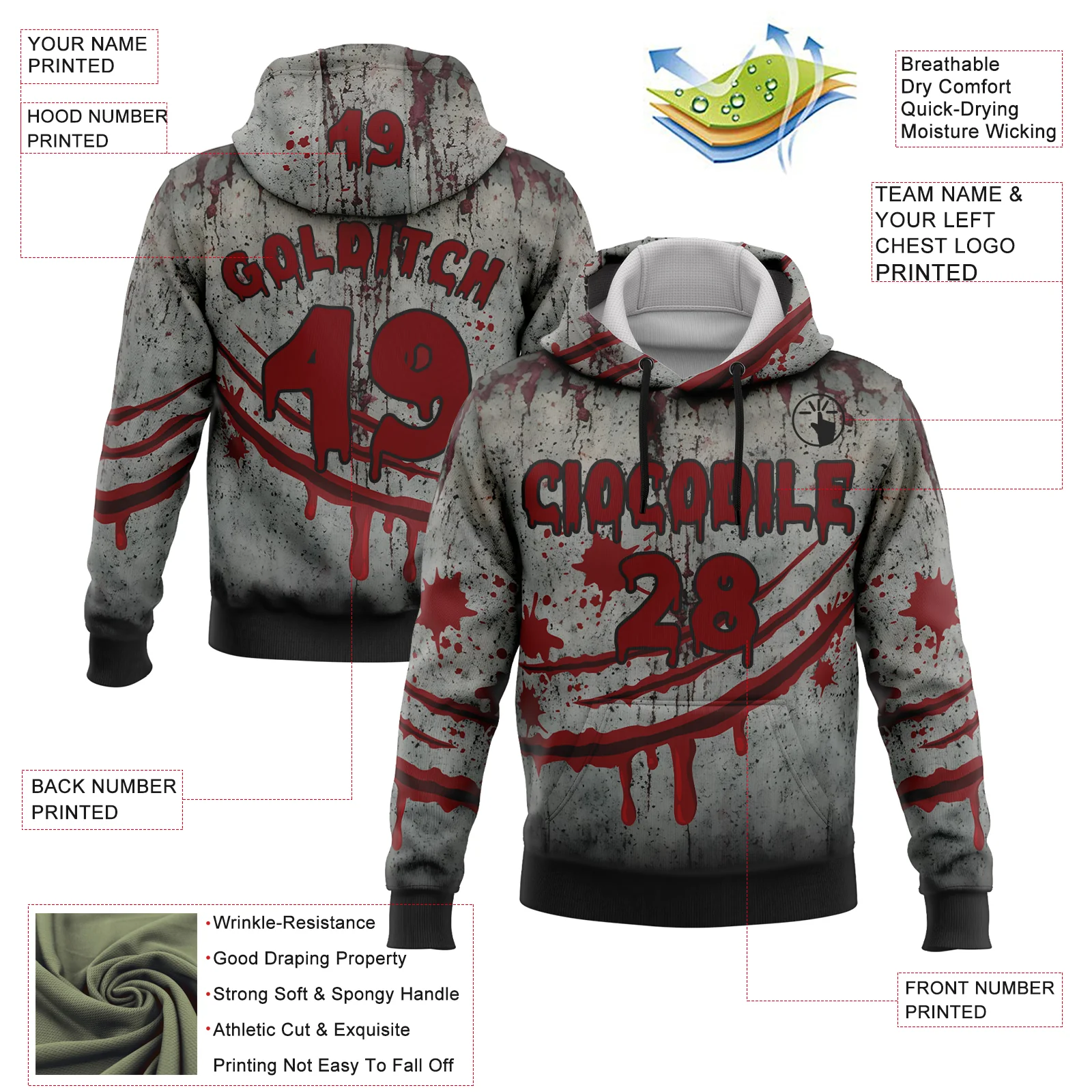 Custom Gray Red-Black 3D Halloween Creepy Spooky Horror Sports Pullover Sweatshirt Hoodie - Image 2
