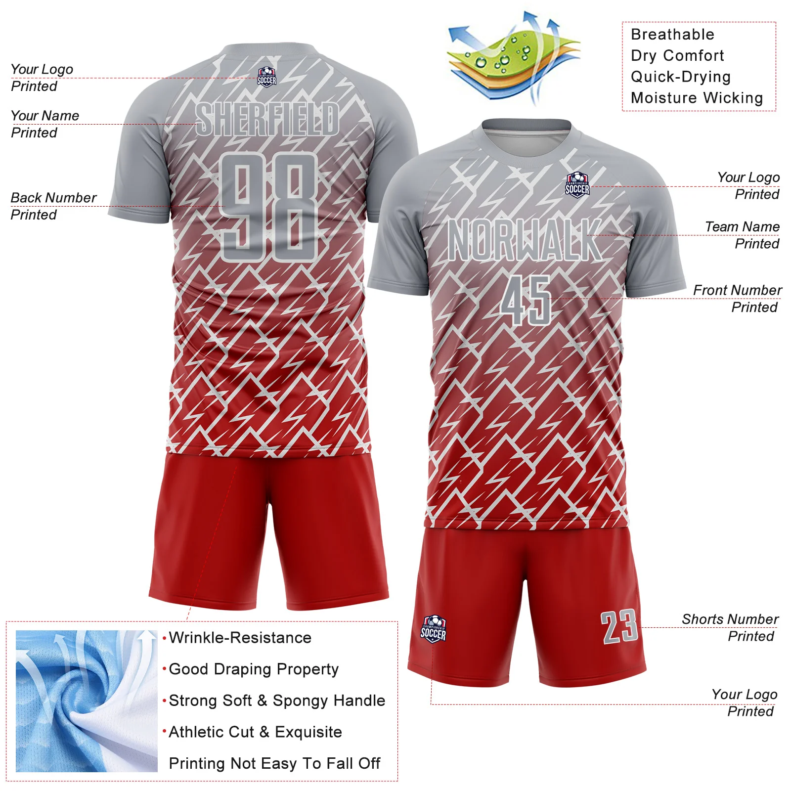 Custom Gray Red-White Lightning Sports Sublimation Soccer Uniform Jersey - Image 4