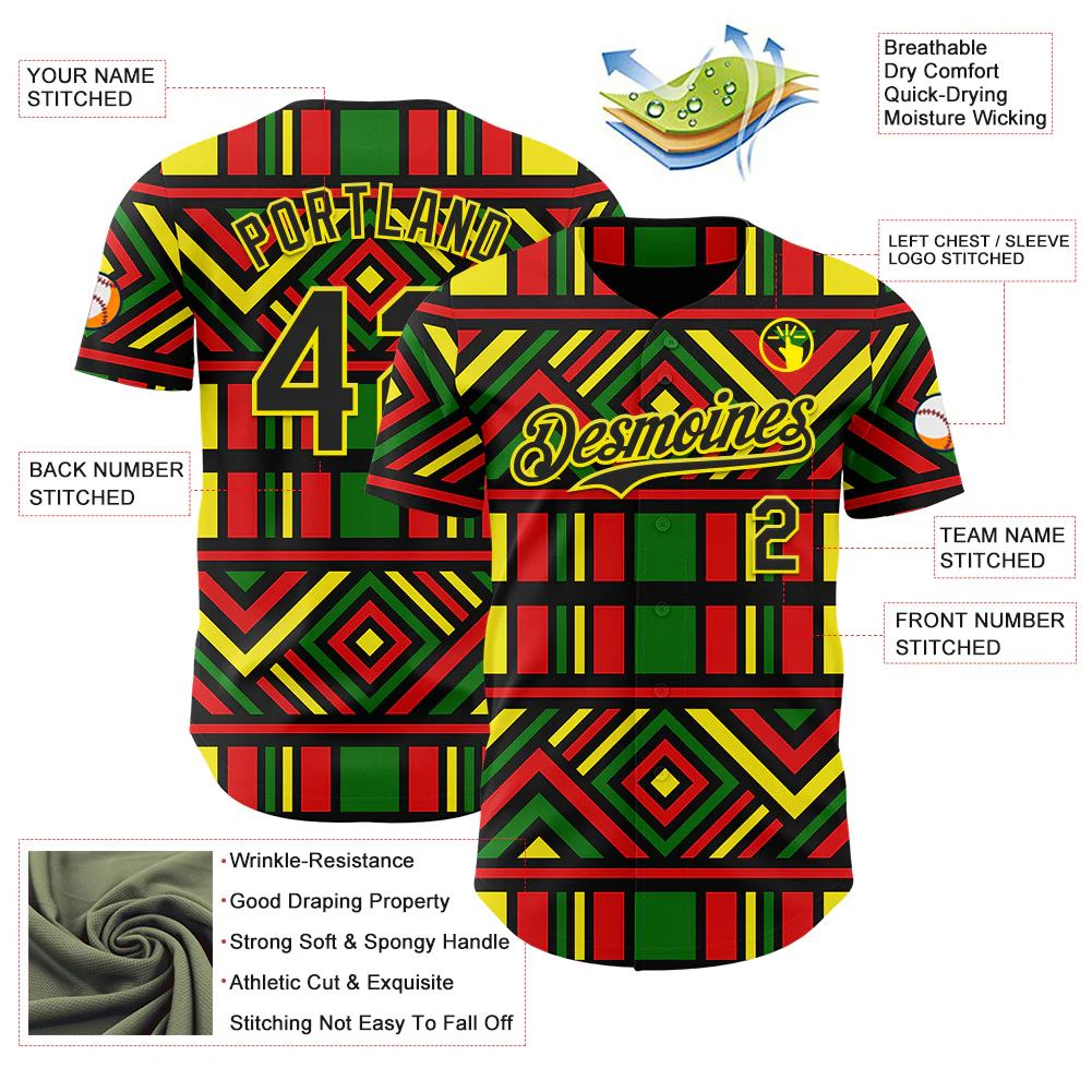 Custom Green Black Red-Light Yellow 3D Pattern Design Black History Month African Ethnicity Style Abstract Geometric Authentic Baseball Jersey - Image 3