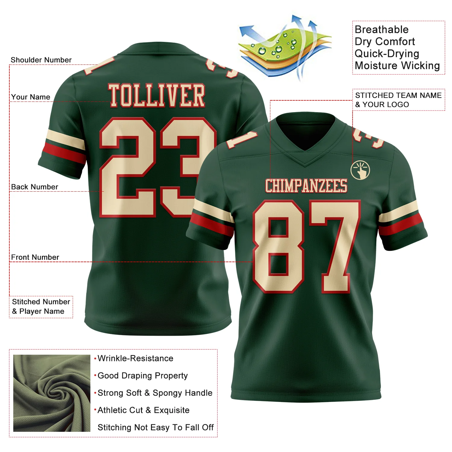 Custom Green Cream-Red Authentic Football Jersey - Image 3
