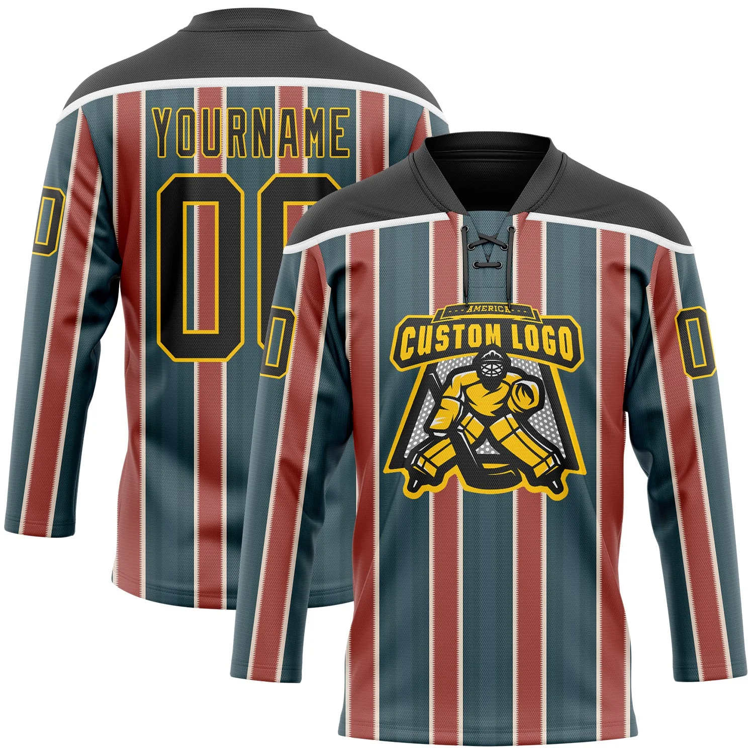 Custom Green Black Red Yellow-White Stripe Hockey Lace Neck Jersey - Image 2