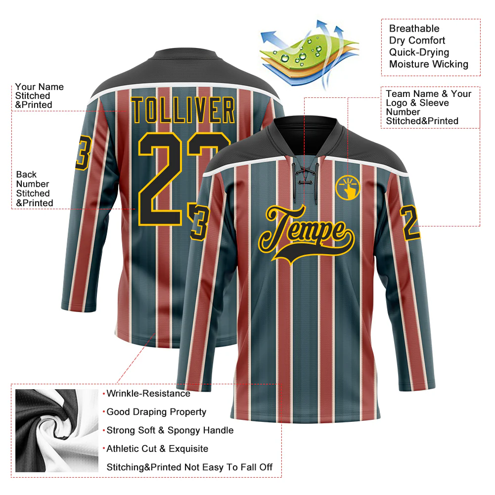 Custom Green Black Red Yellow-White Stripe Hockey Lace Neck Jersey - Image 5