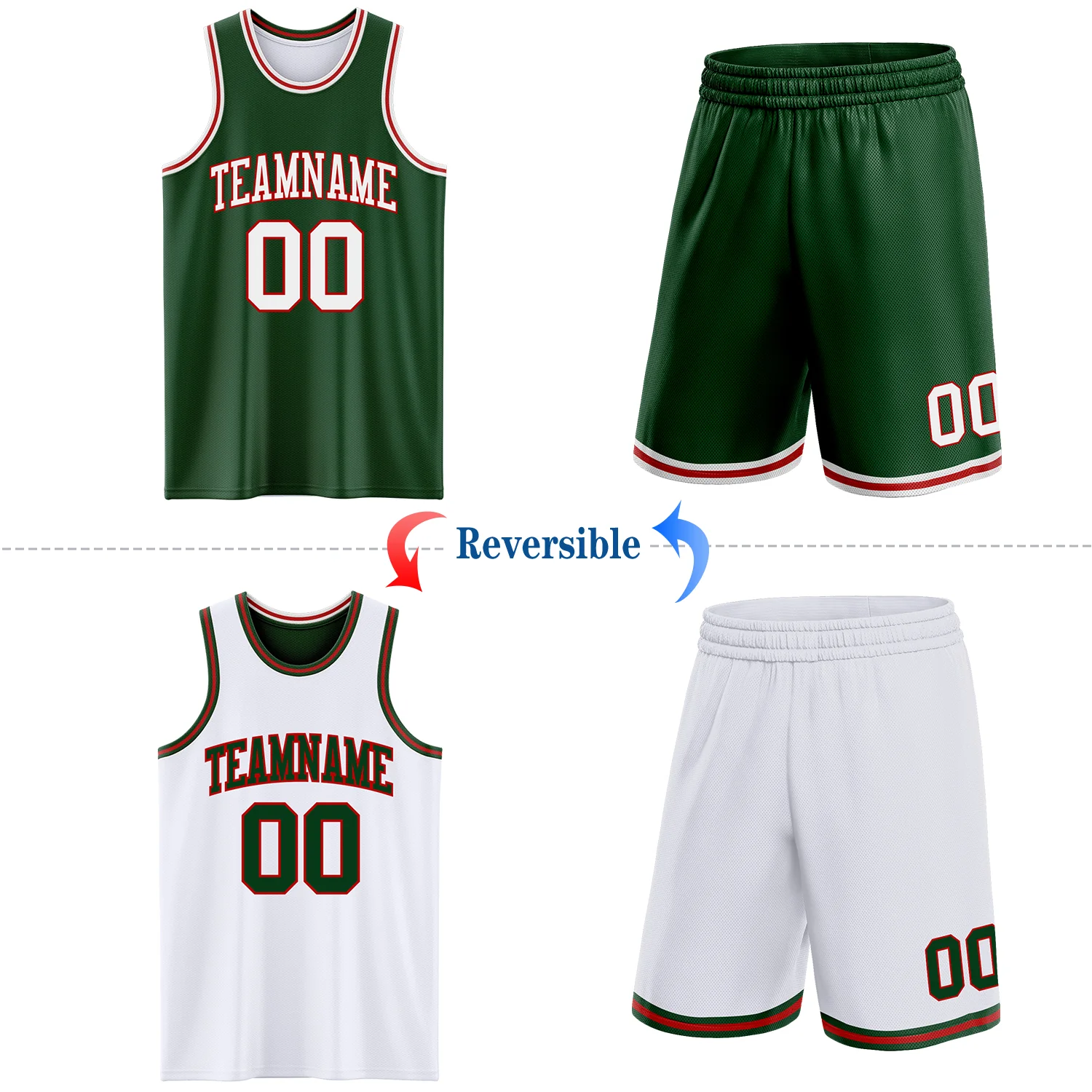 Custom Reversible Green White-Red Double Side Sublimation Basketball Suit Jersey - Image 2
