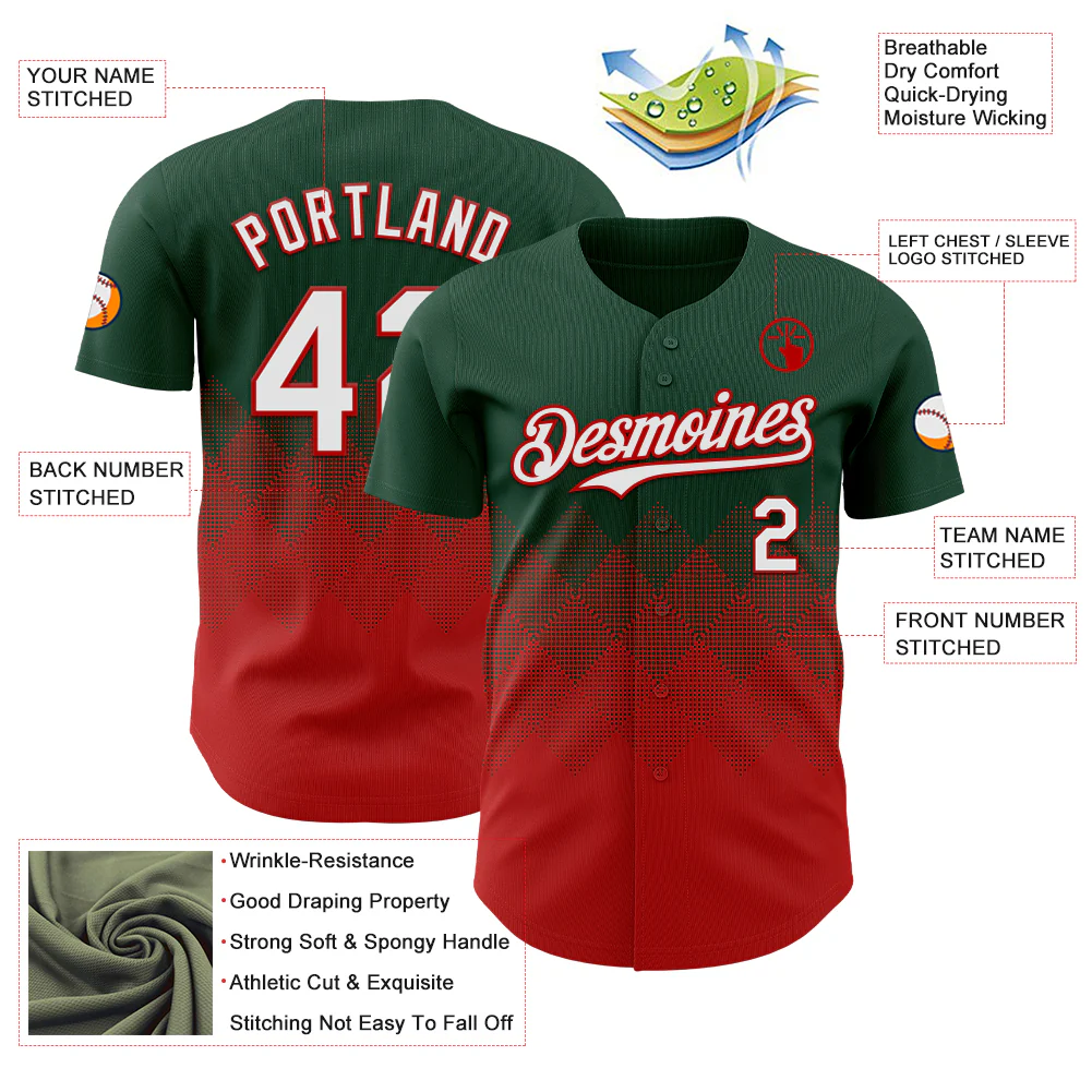 Custom Green White-Red 3D Gradient Square Shape Authentic Baseball Jersey - Image 3
