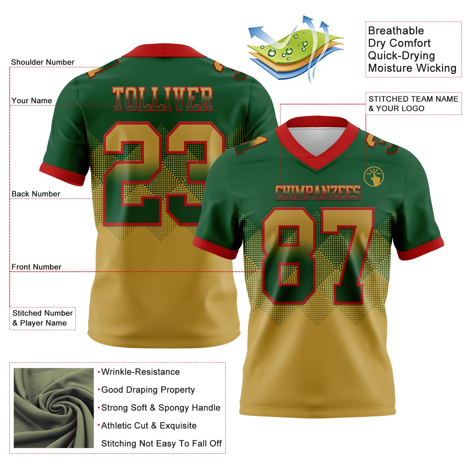 Custom Green Old Gold-Red Authentic Gradient Square Shape Flag Football Jersey - Image 2
