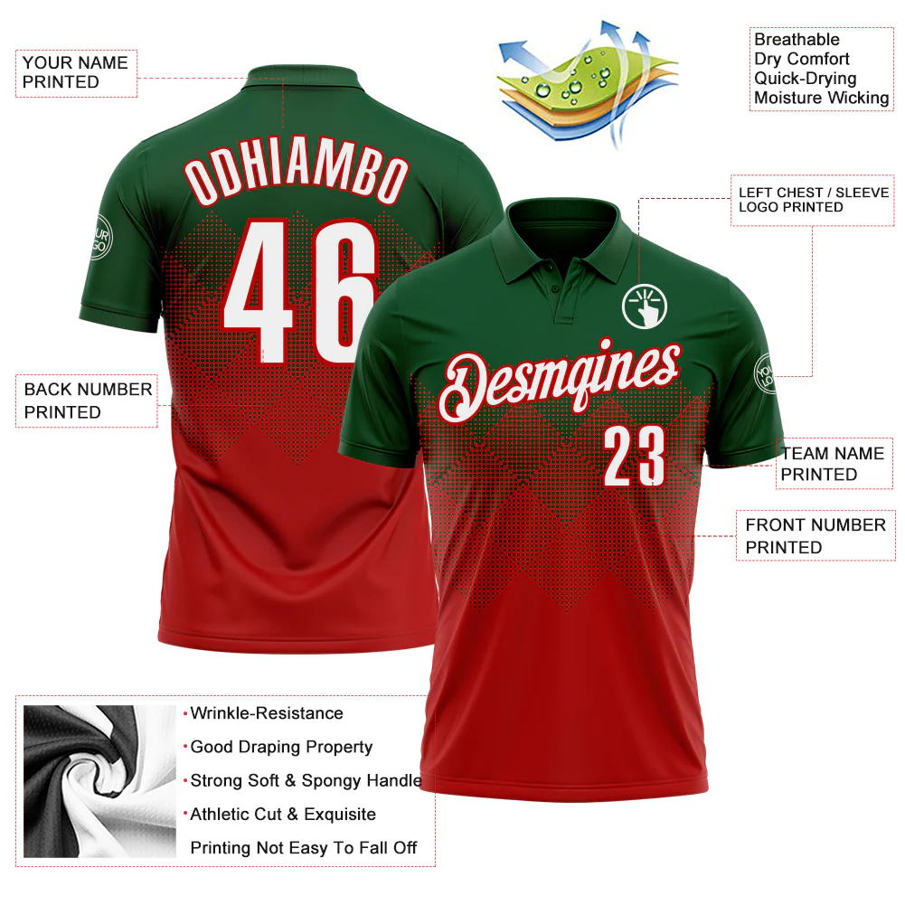 Custom Green White-Red 3D Gradient Square Shape Performance Polo Shirt - Image 3