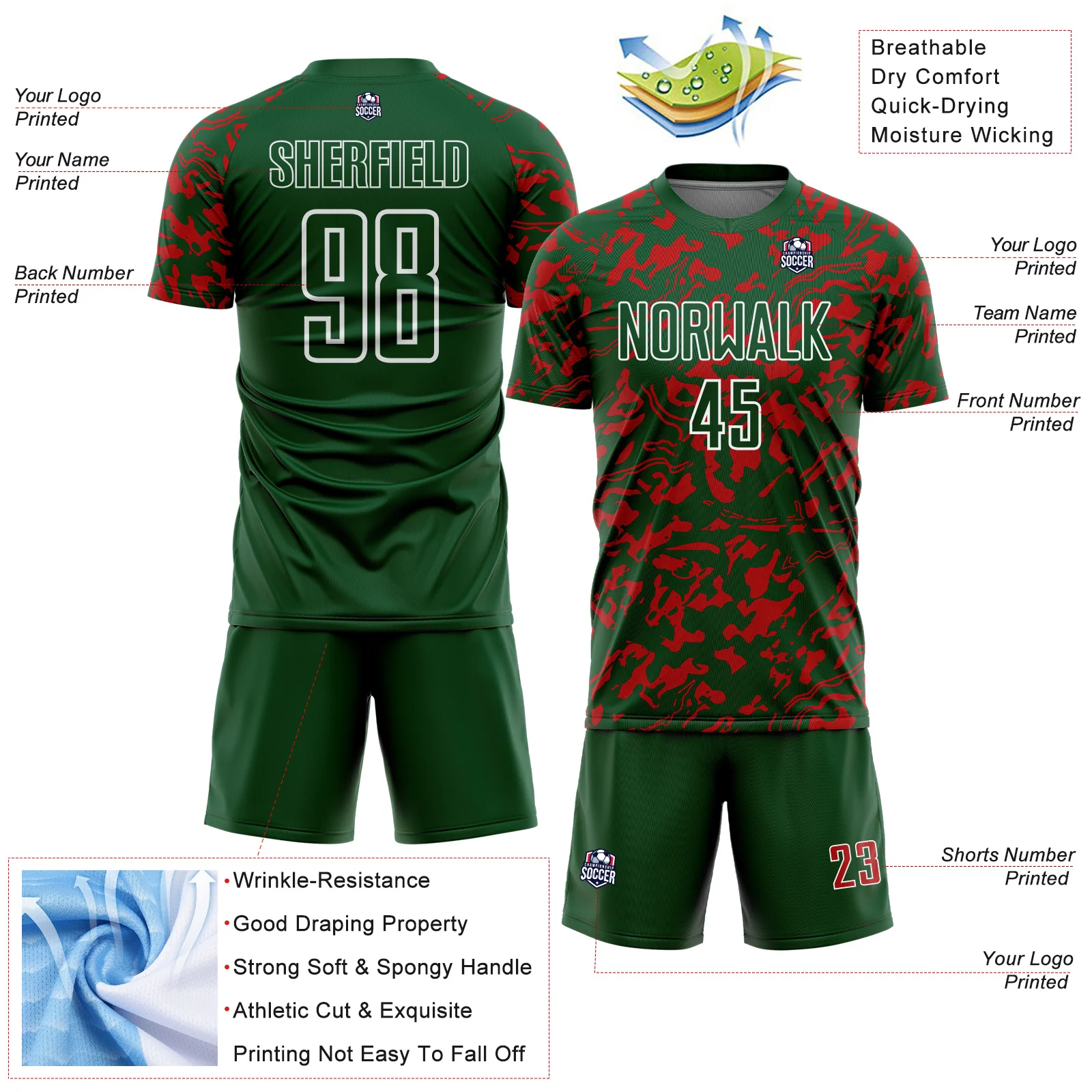 Custom Green Red-White Liquid Fluid Pattern Sports Sublimation Soccer Uniform Jersey - Image 4