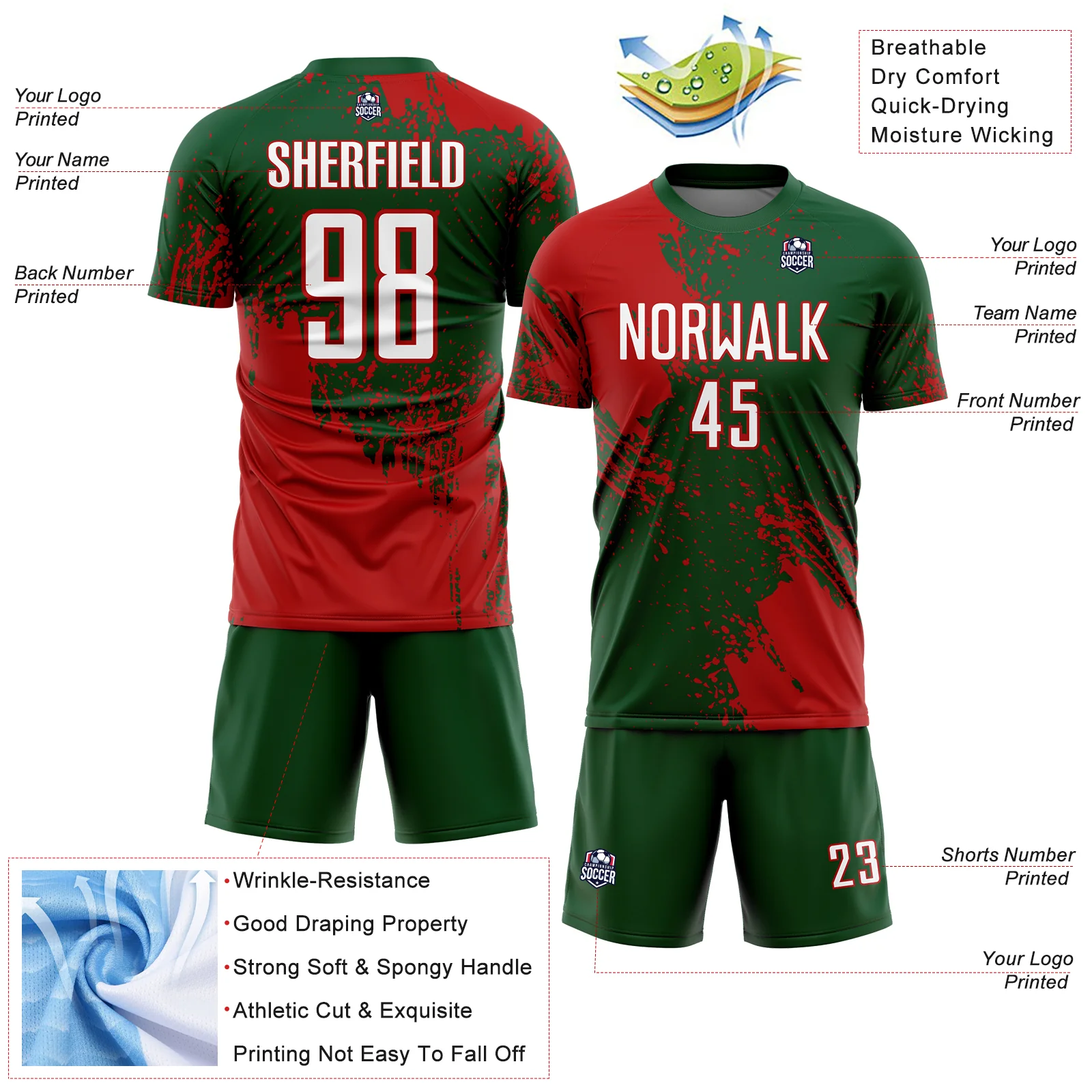Custom Green White-Red Abstract Brush Stroke Sports Sublimation Soccer Uniform Jersey - Image 4