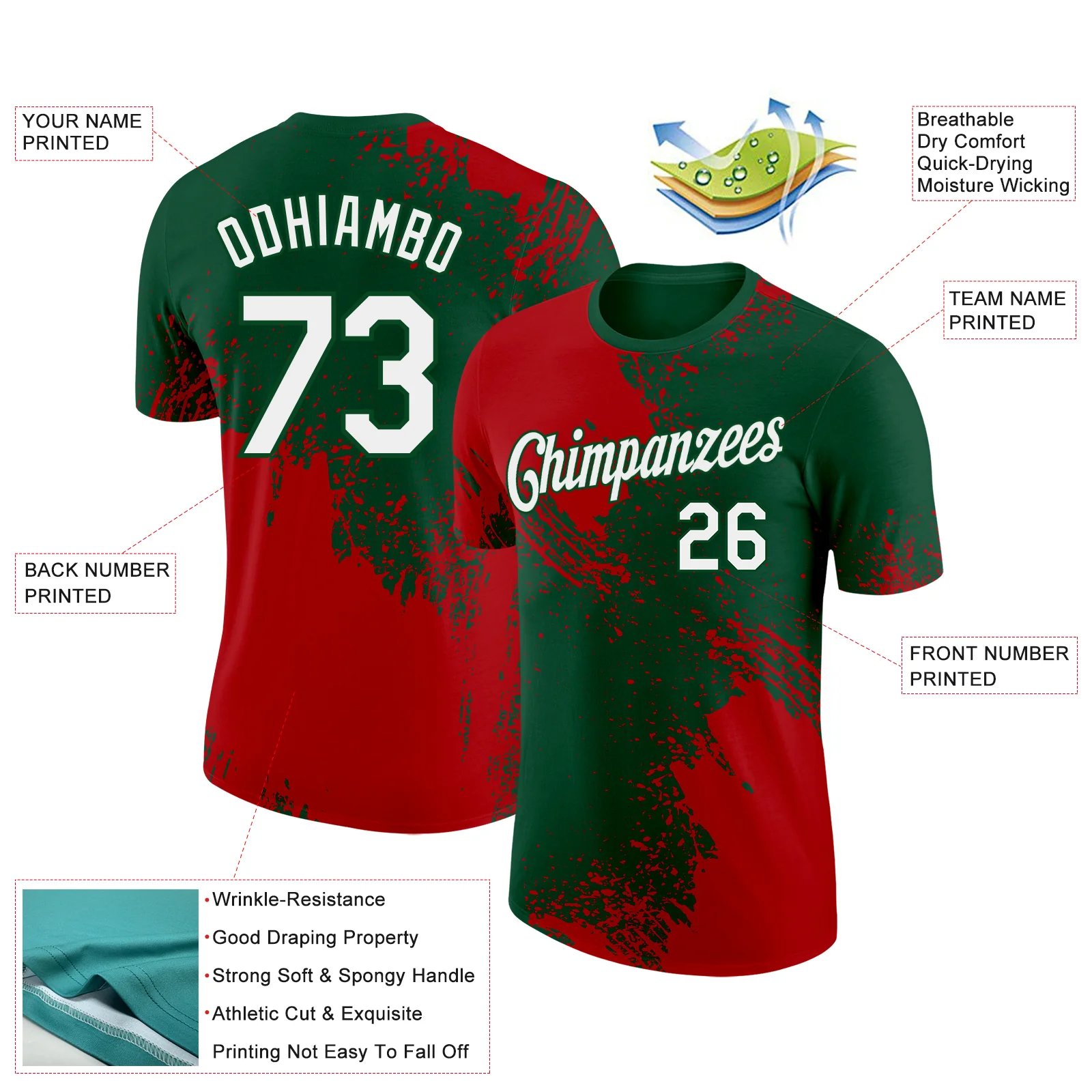 Custom Green White-Red 3D Pattern Design Abstract Brush Stroke Performance T-Shirt - Image 2