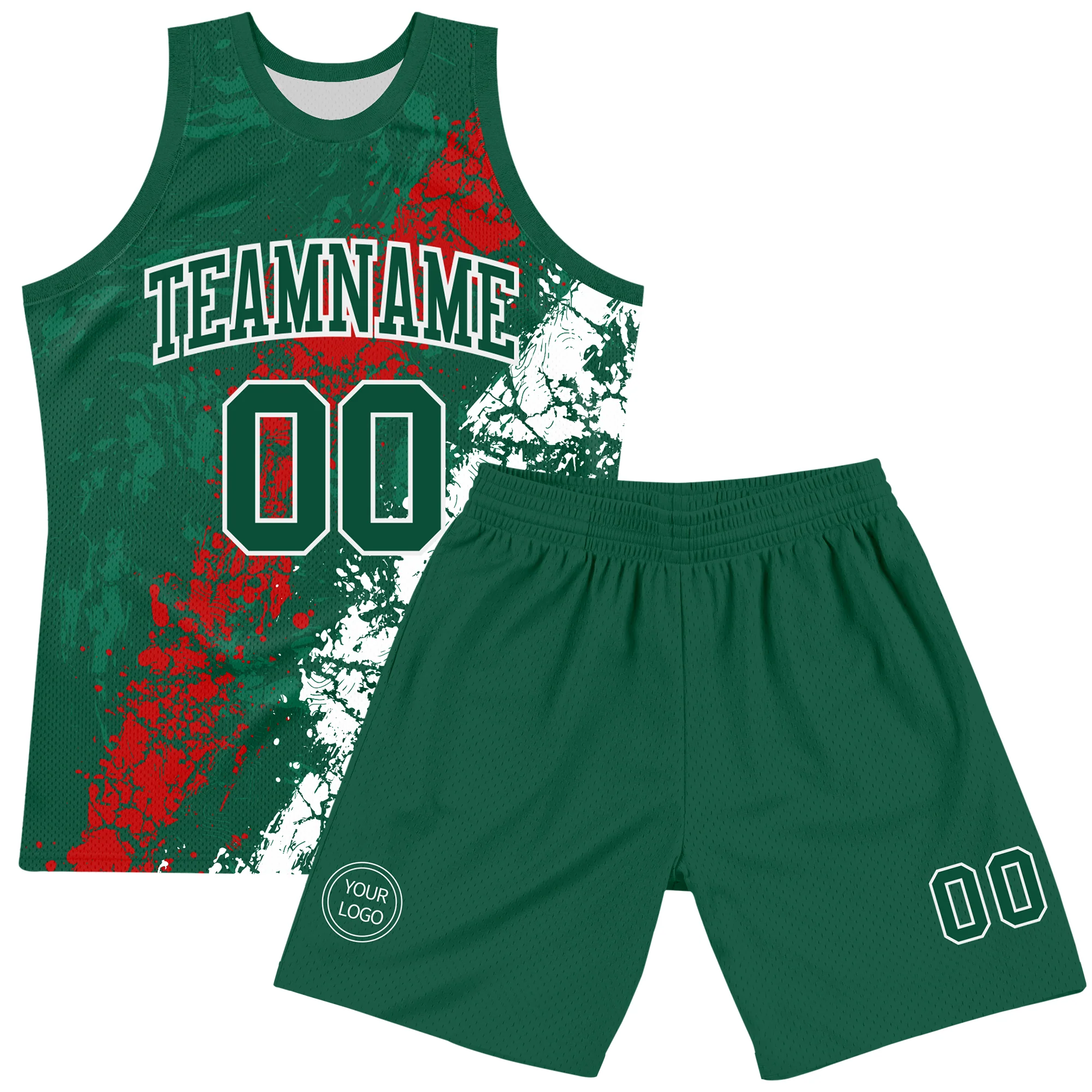 Custom Green Red-White Splash Round Neck Sublimation Basketball Suit Jersey - Image 2