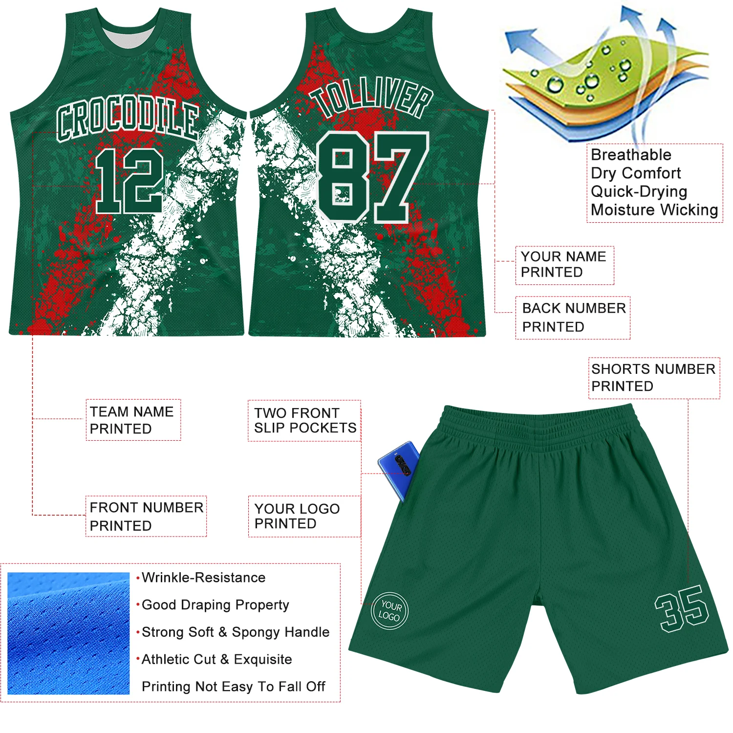 Custom Green Red-White Splash Round Neck Sublimation Basketball Suit Jersey - Image 3