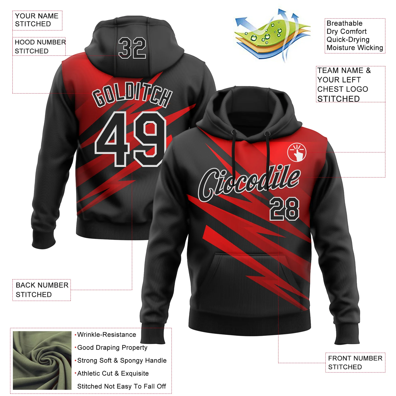 Custom Stitched Black Red-White 3D Pattern Design Line Sports Pullover Sweatshirt Hoodie - Image 2