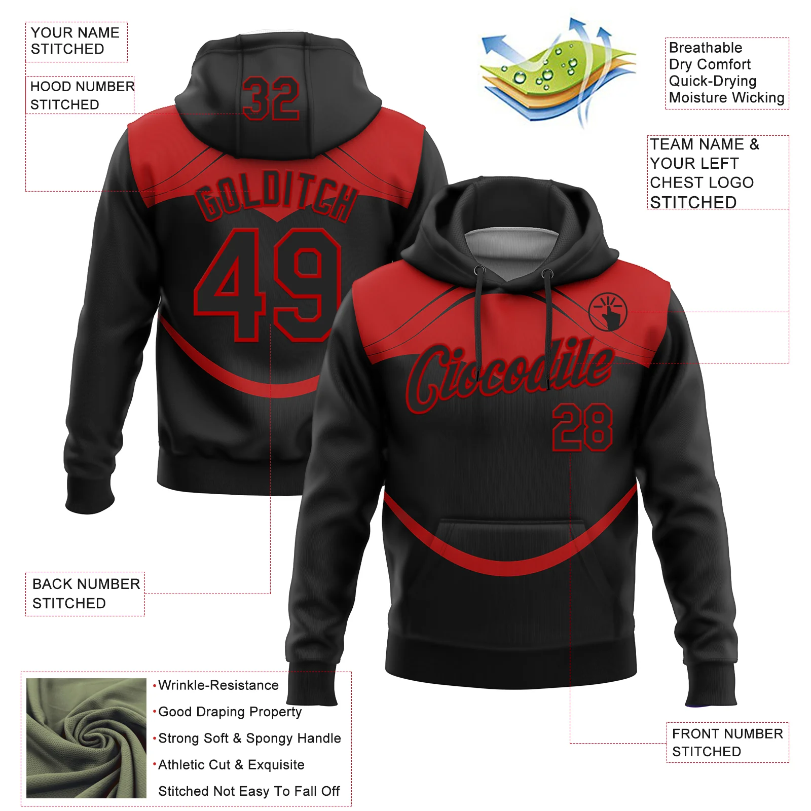 Custom Stitched Black Red 3D Pattern Design Line Sports Pullover Sweatshirt Hoodie - Image 2