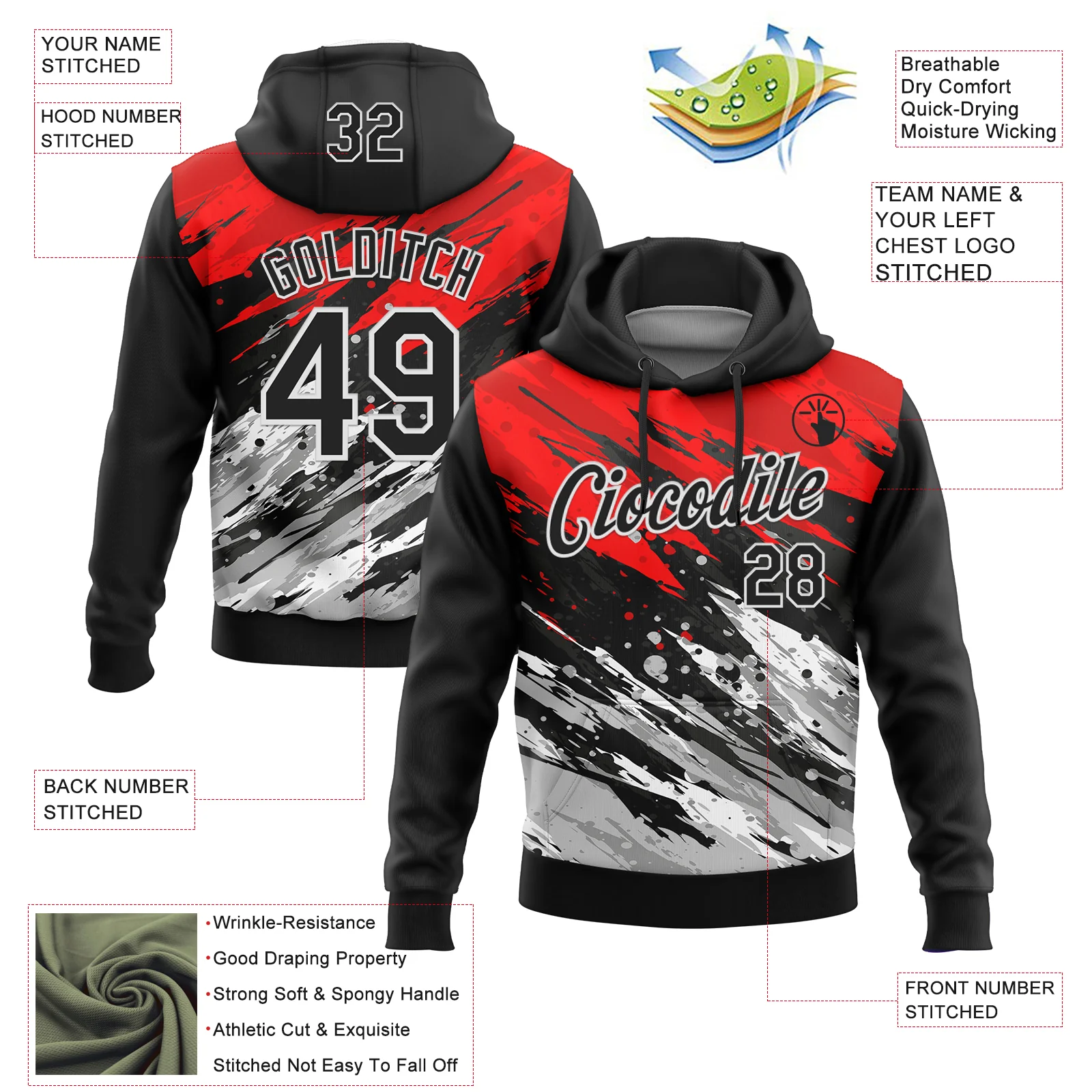 Custom Stitched Black Red-White 3D Pattern Design Splash Sports Pullover Sweatshirt Hoodie - Image 2