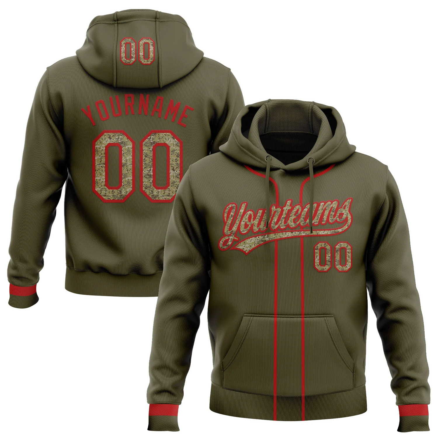 Custom Stitched Olive Camo-Red Baseball Pullover Sweatshirt Hoodie