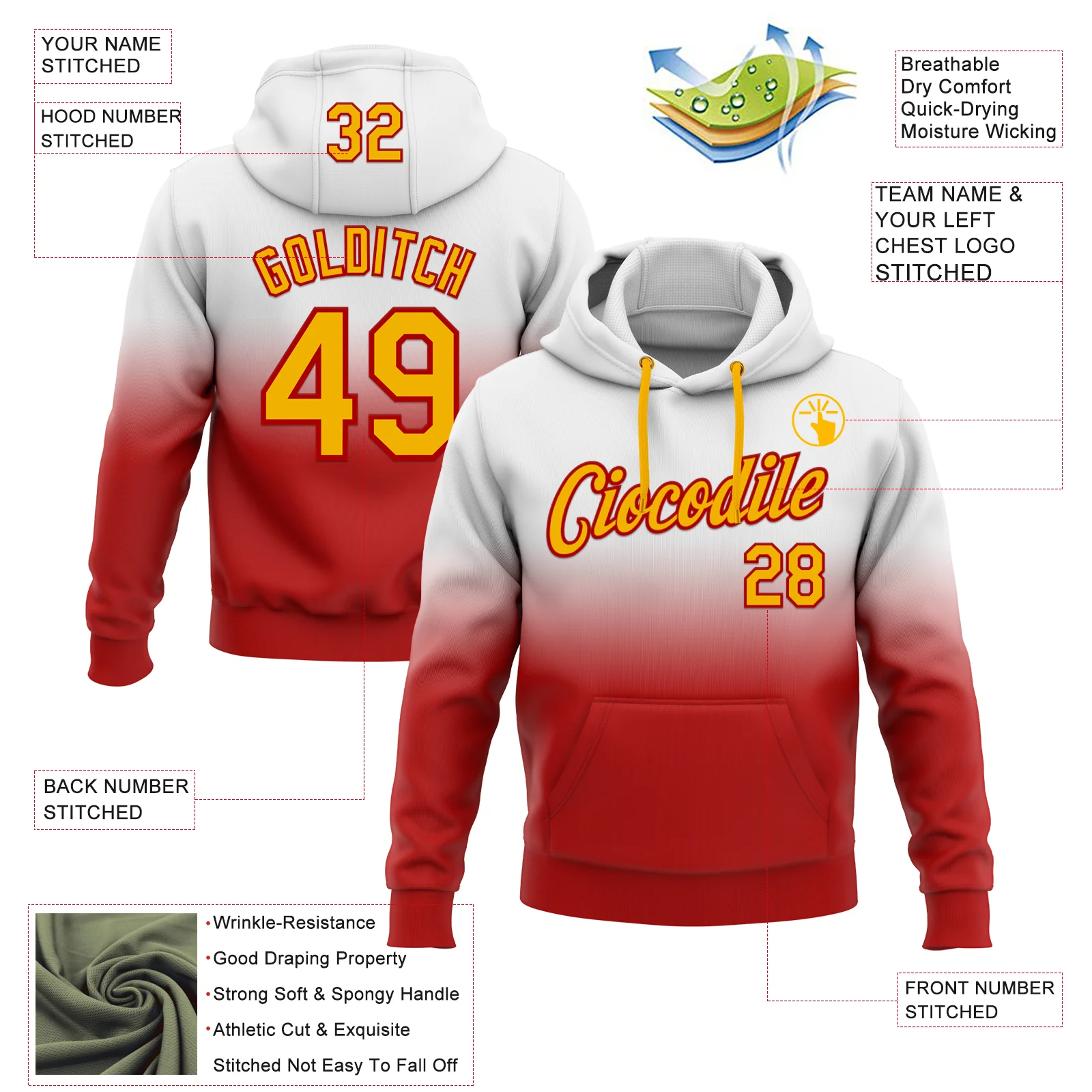 Custom Stitched White Gold-Red Fade Fashion Sports Pullover Sweatshirt Hoodie - Image 2