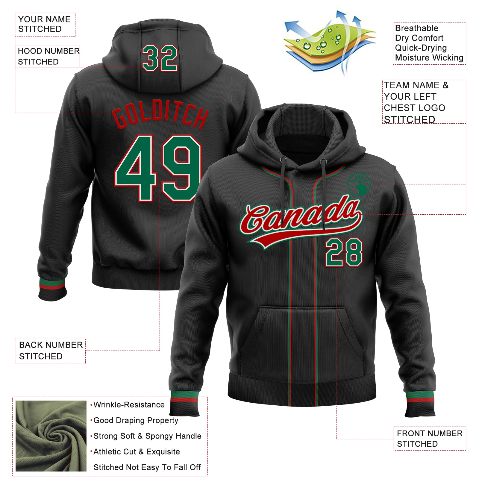 Custom Stitched Black Kelly Green Red-White Baseball Pullover Sweatshirt Hoodie - Image 2