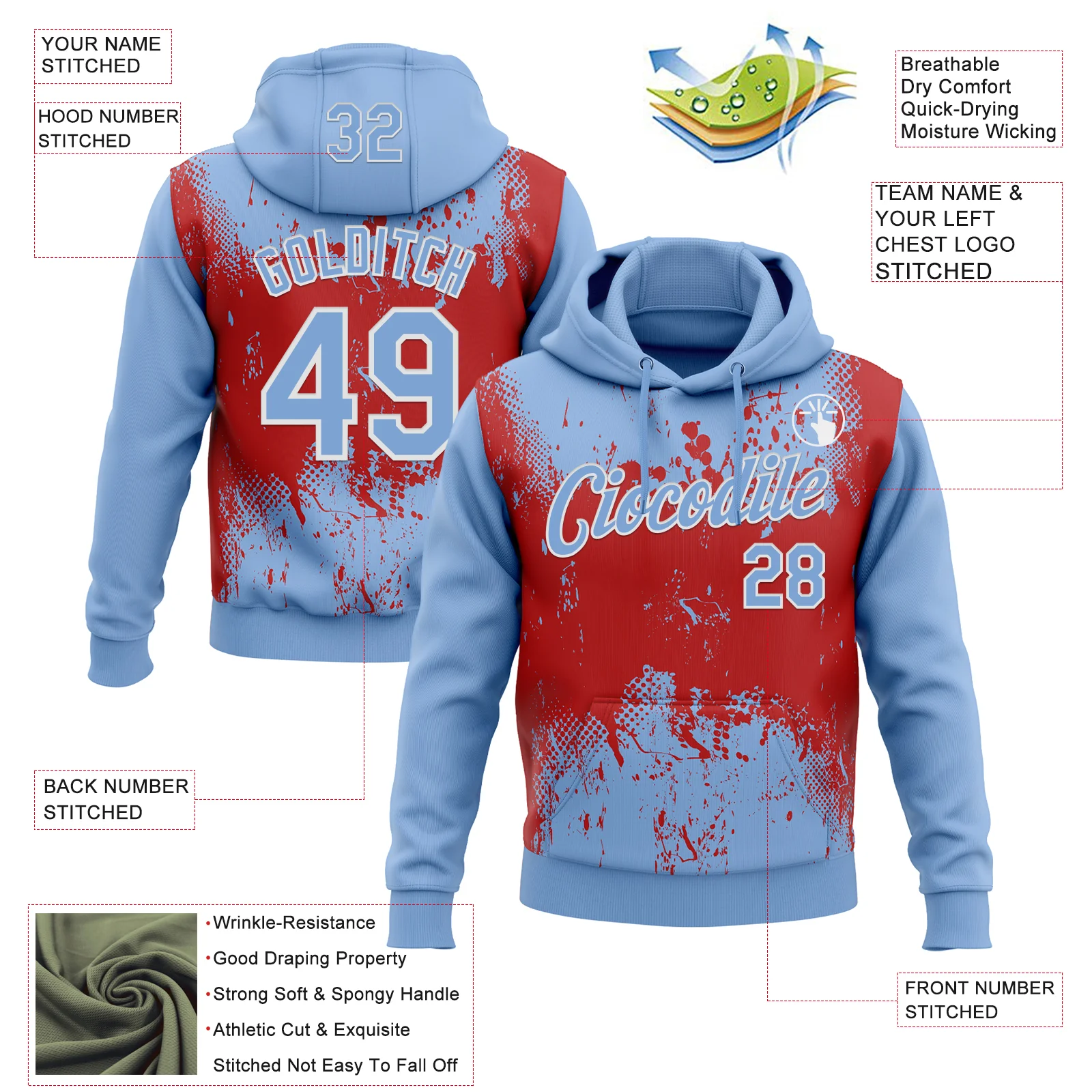 Custom Stitched Light Blue Red-White 3D Pattern Design Abstract Splatter Grunge Art Sports Pullover Sweatshirt Hoodie - Image 2
