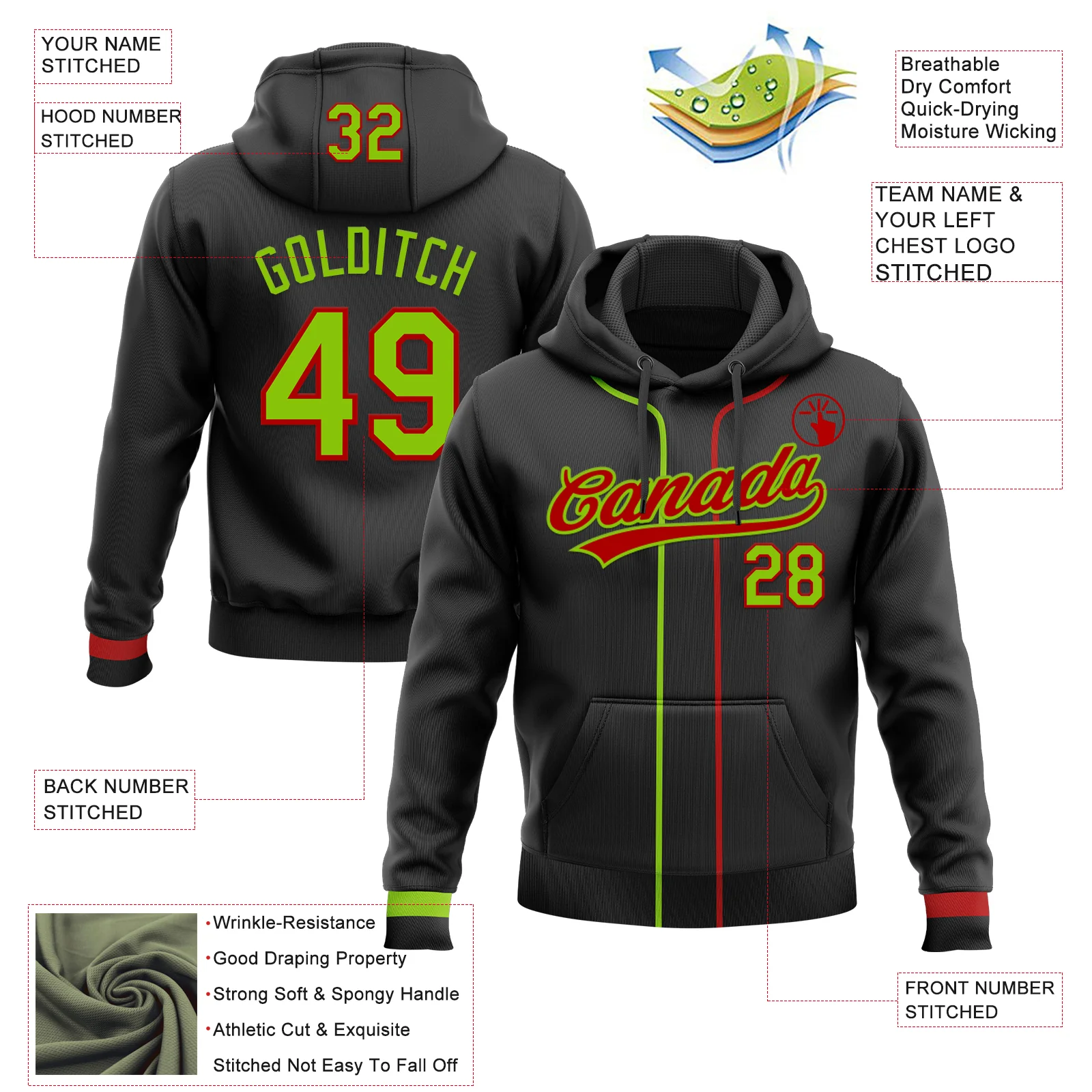 Custom Stitched Black Neon Green-Red Baseball Pullover Sweatshirt Hoodie - Image 2