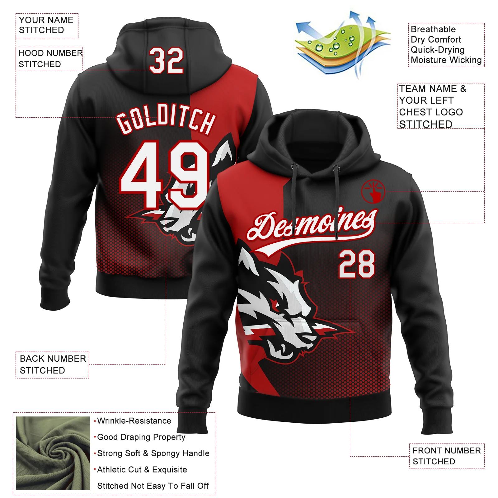 Custom Stitched Black White-Red 3D Pattern Design Wolf Sports Pullover Sweatshirt Hoodie - Image 2