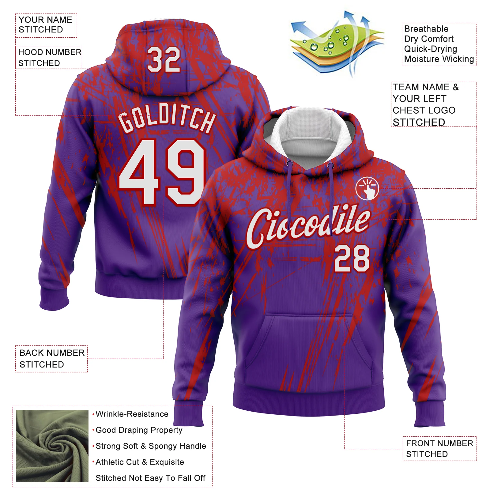 Custom Stitched Purple White-Red 3D Pattern Design Splash Grunge Art Sports Pullover Sweatshirt Hoodie - Image 2
