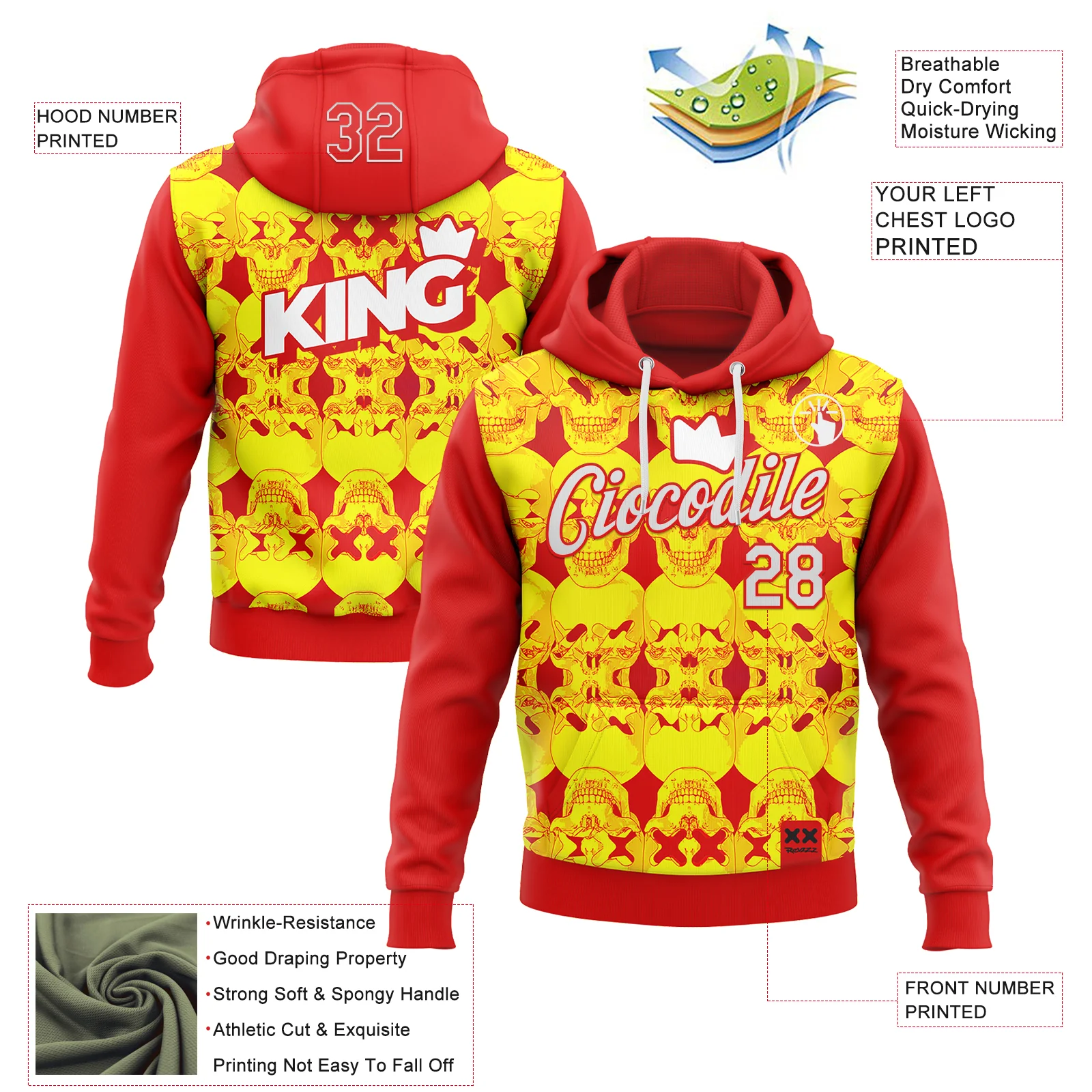 Custom Stitched Red White 3D Revzzz Tha King Skull Sports Pullover Sweatshirt Hoodie - Image 2
