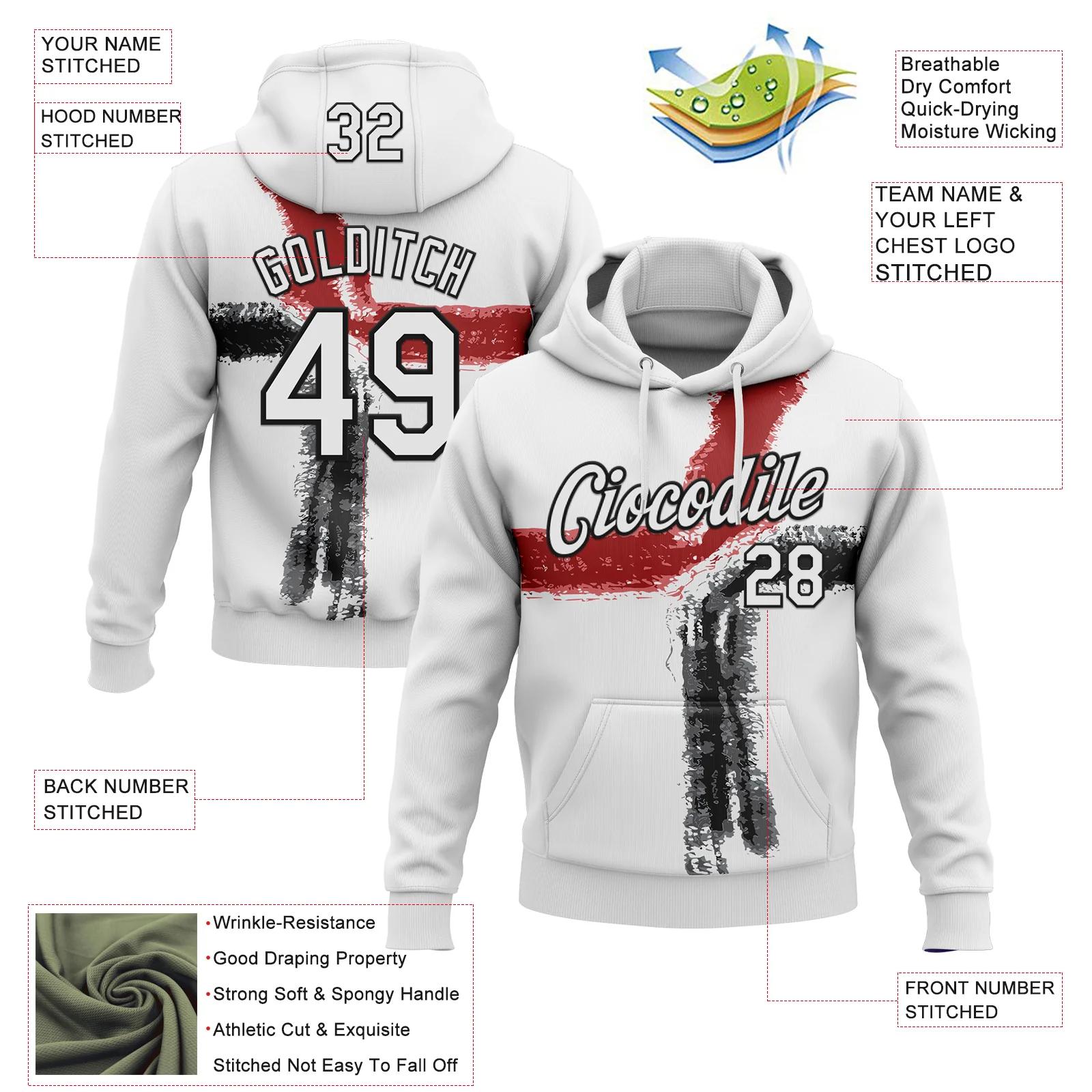 Custom Stitched White Red-Black 3D Pattern Design Splash Sports Pullover Sweatshirt Hoodie - Image 2