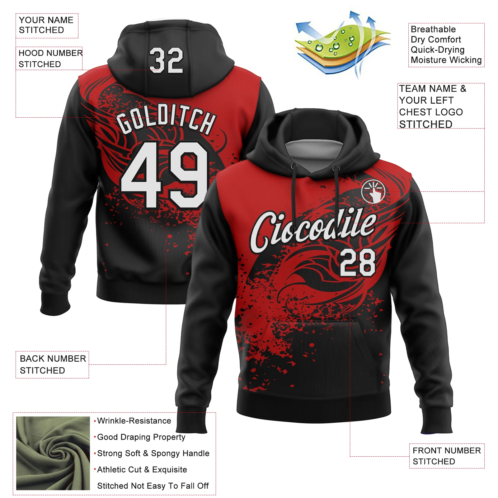 Custom Stitched Black White-Red 3D Pattern Design Splash Sports Pullover Sweatshirt Hoodie - Image 2