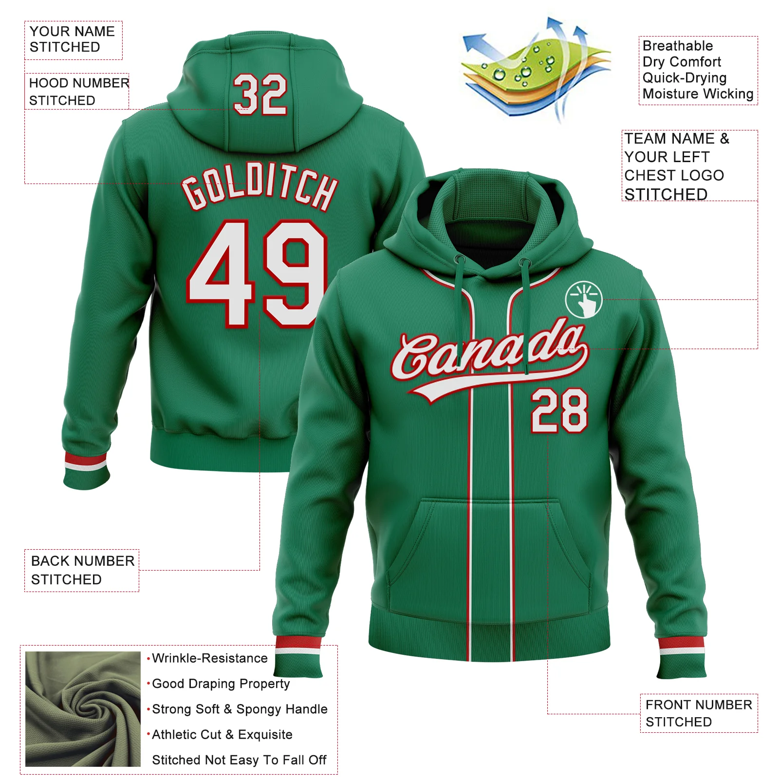 Custom Stitched Kelly Green White-Red Baseball Pullover Sweatshirt Hoodie - Image 2