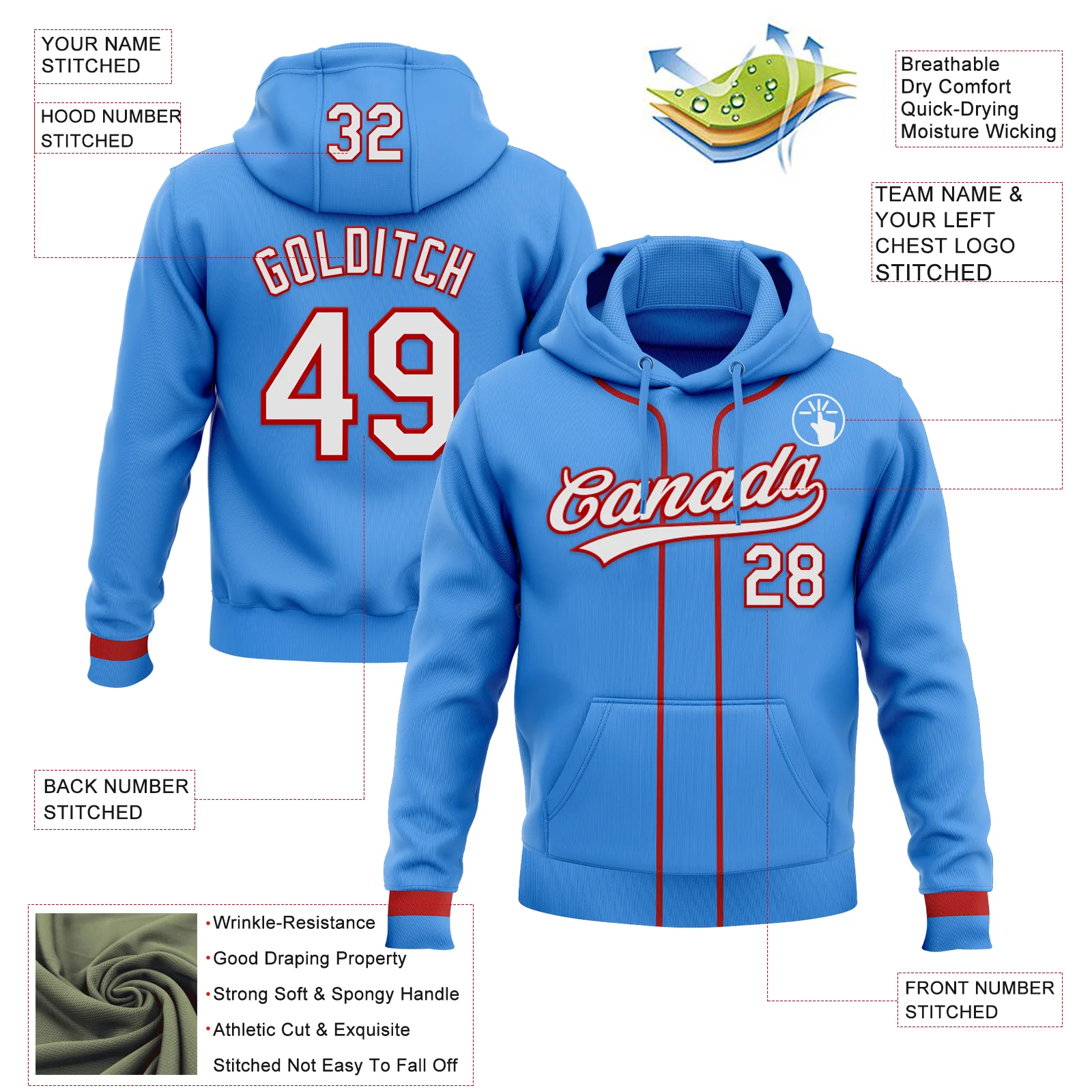 Custom Stitched Powder Blue White-Red Baseball Pullover Sweatshirt Hoodie - Image 2