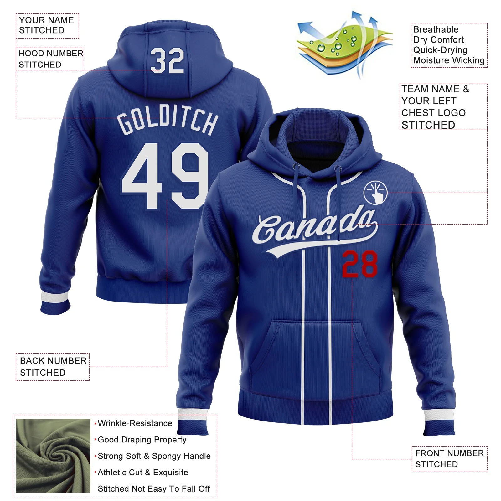 Custom Stitched Royal White-Red Baseball Pullover Sweatshirt Hoodie - Image 2