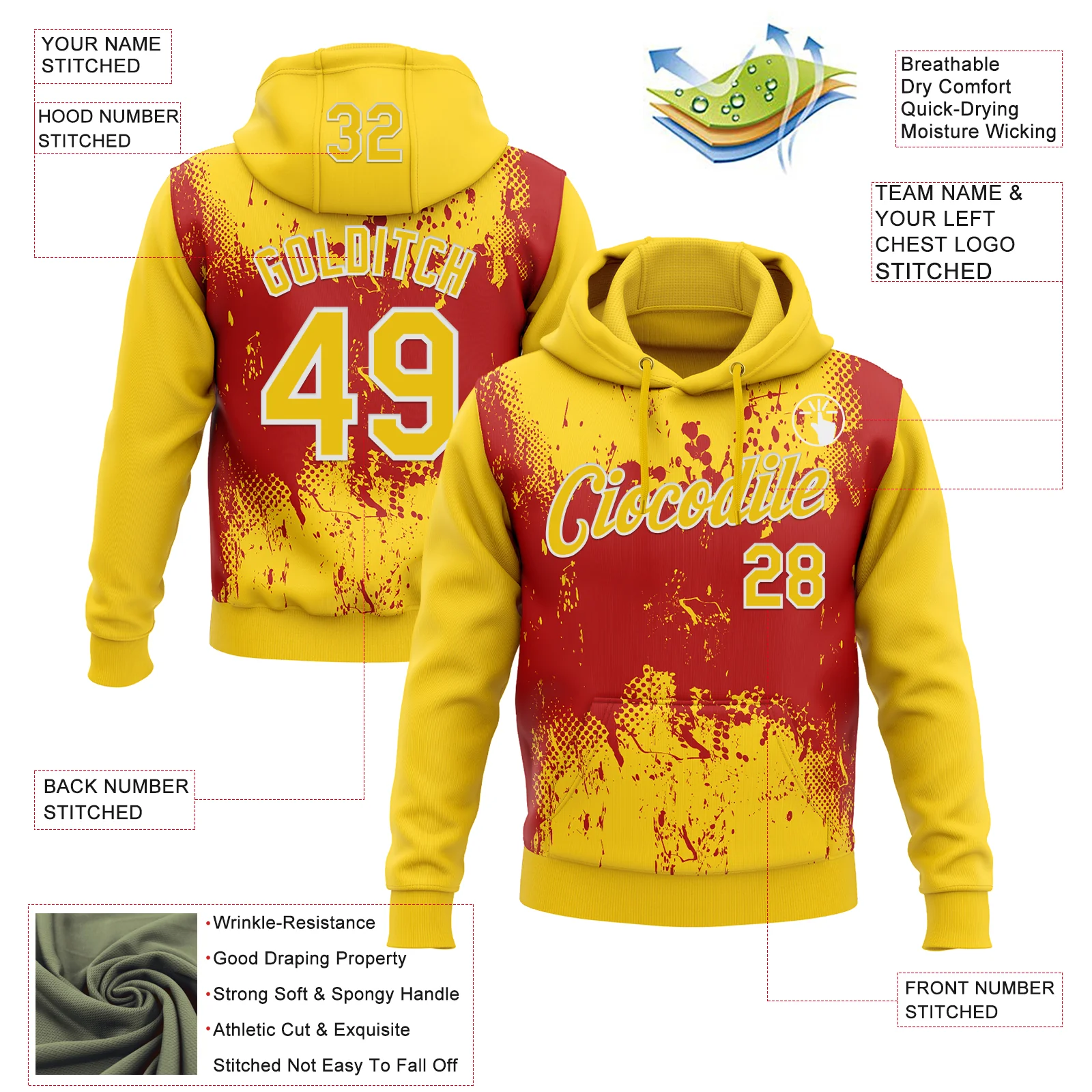 Custom Stitched Yellow Red-White 3D Pattern Design Abstract Splatter Grunge Art Sports Pullover Sweatshirt Hoodie - Image 2