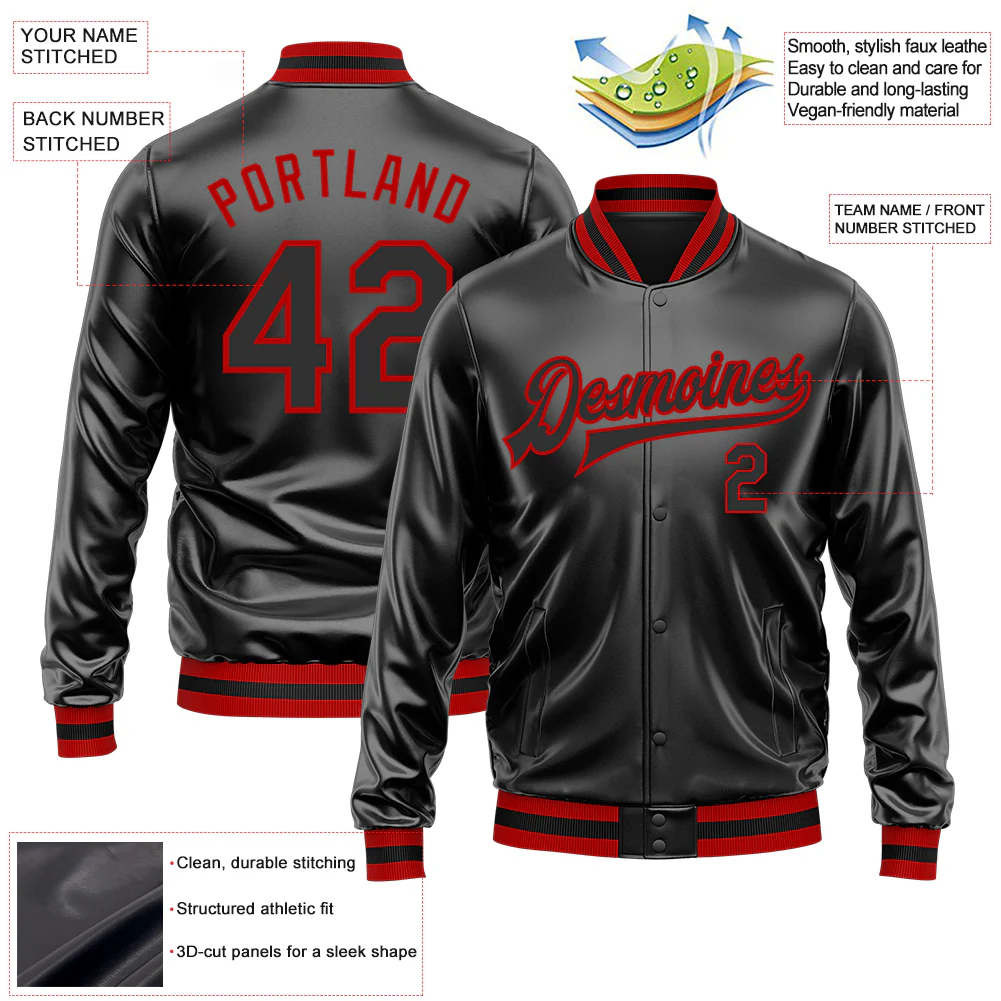 Custom Black Black-Red Bomber Full-Snap Varsity Faux Leather Letterman Jacket - Image 2