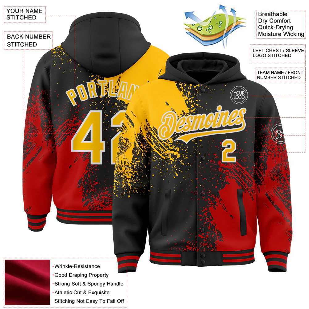 Custom Black Gold Red-White Abstract Brush Stroke 3D Pattern Design Bomber Full-Snap Varsity Letterman Hoodie Jacket - Image 4