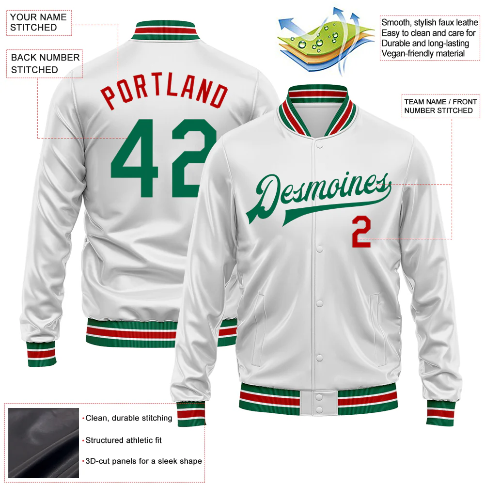 Custom White Kelly Green-Red Bomber Full-Snap Varsity Faux Leather Letterman Jacket - Image 2