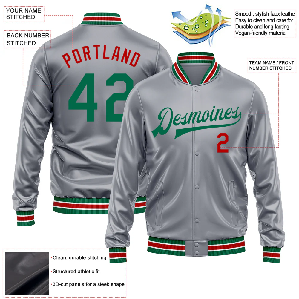 Custom Gray Kelly Green-Red Bomber Full-Snap Varsity Faux Leather Letterman Jacket - Image 2
