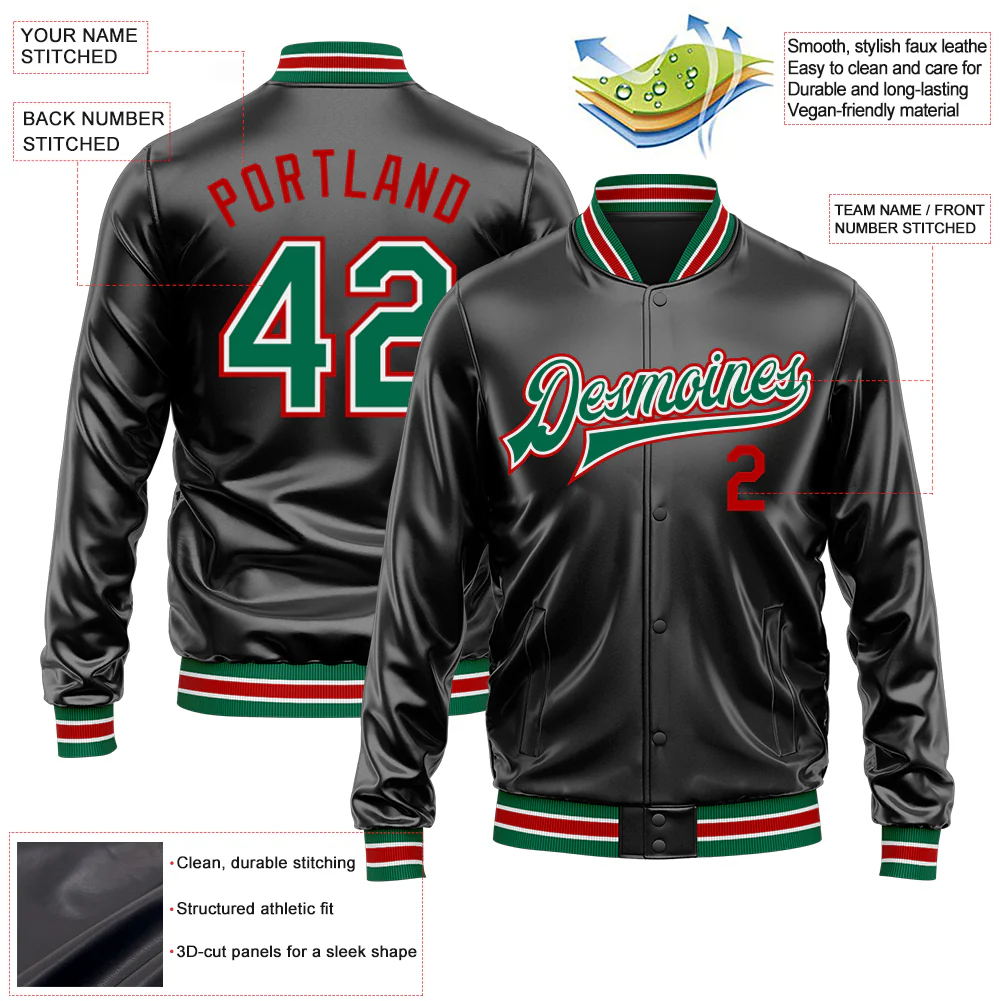 Custom Black Kelly Green-Red Bomber Full-Snap Varsity Faux Leather Letterman Jacket - Image 2