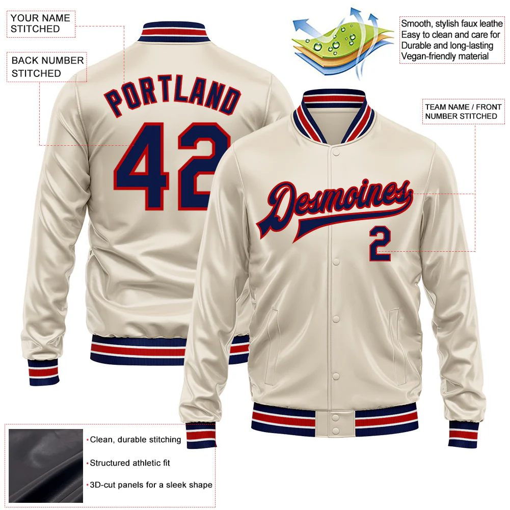 Custom Cream Navy-Red Bomber Full-Snap Varsity Faux Leather Letterman Jacket - Image 2