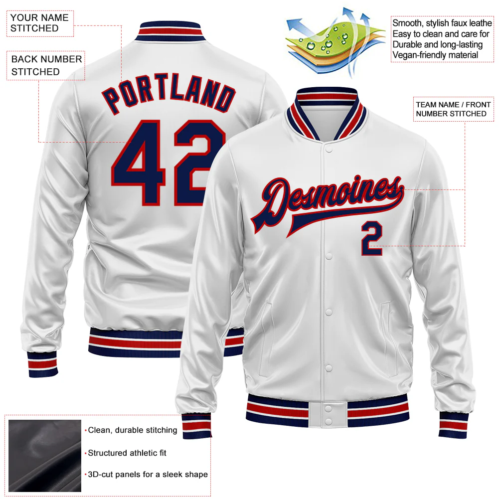 Custom White Navy-Red Bomber Full-Snap Varsity Faux Leather Letterman Jacket - Image 2