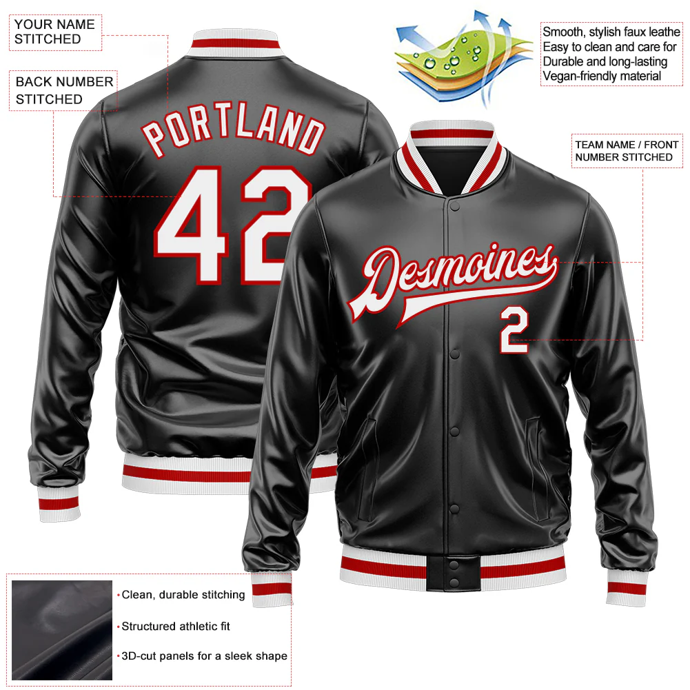 Custom Black White-Red Bomber Full-Snap Varsity Faux Leather Letterman Jacket - Image 2