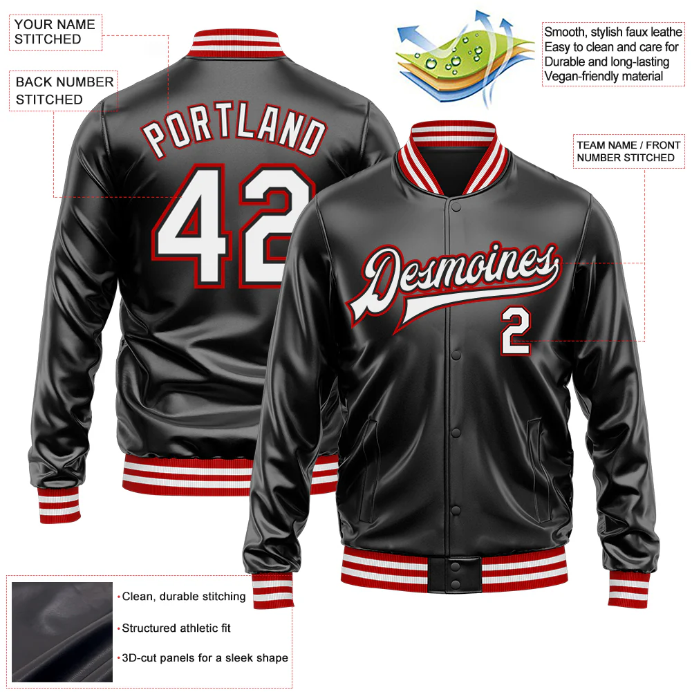 Custom Black White-Red Bomber Full-Snap Varsity Faux Leather Letterman Jacket - Image 2