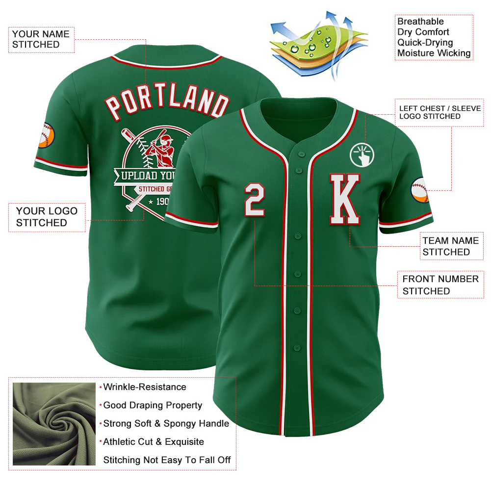 Custom Kelly Green White-Red Authentic Baseball Jersey - Image 6