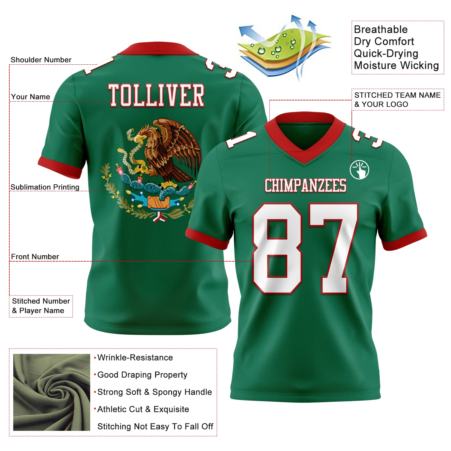 Custom Kelly Green White-Red 3D Pattern Mexico Authentic Football Jersey - Image 3
