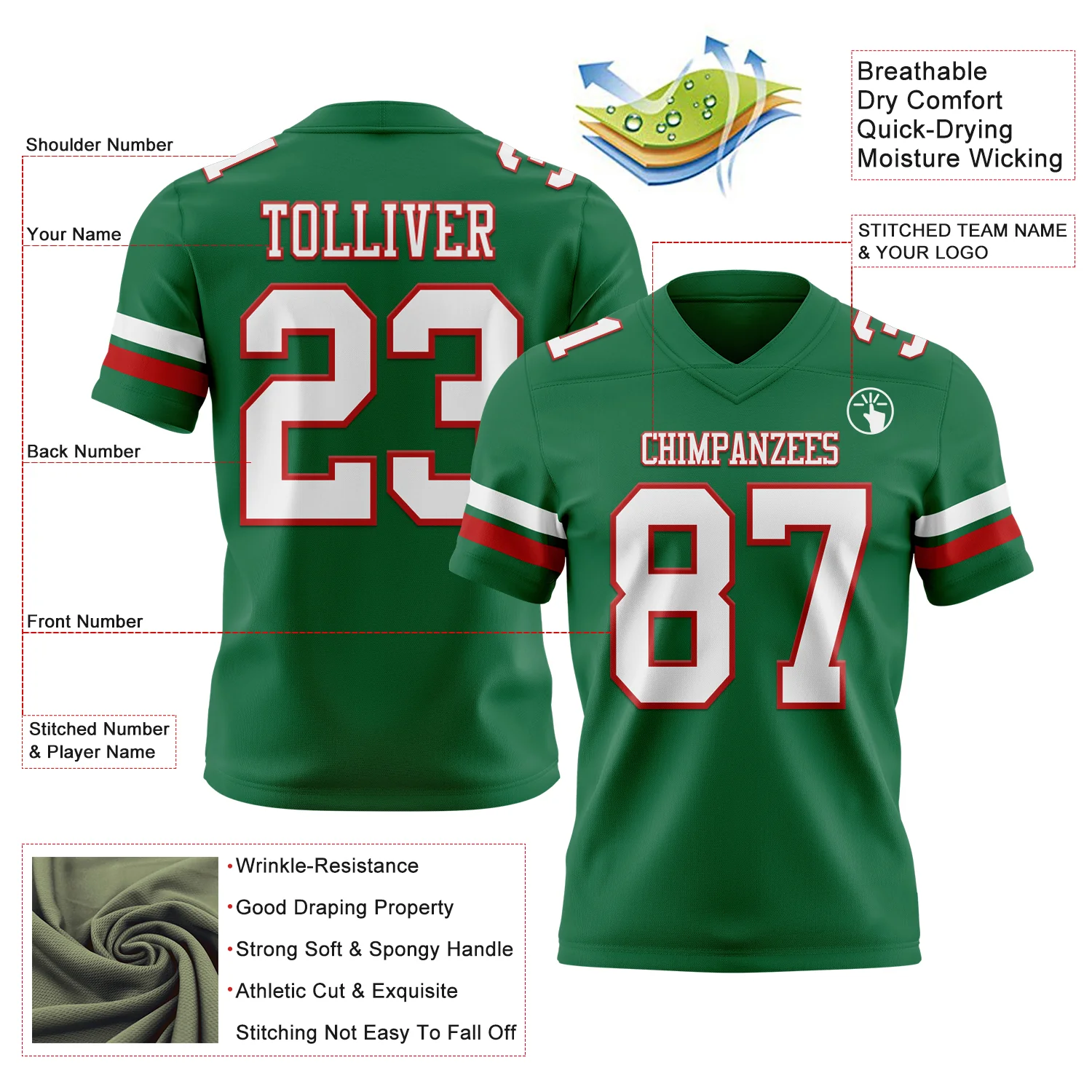 Custom Kelly Green White-Red Authentic Football Jersey - Image 3