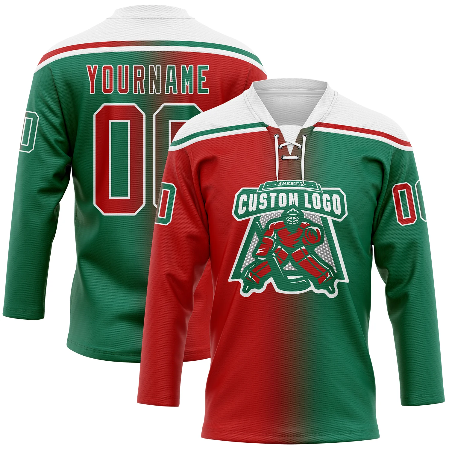 Custom Kelly Green Red-White Gradient Fashion Hockey Lace Neck Jersey - Image 2