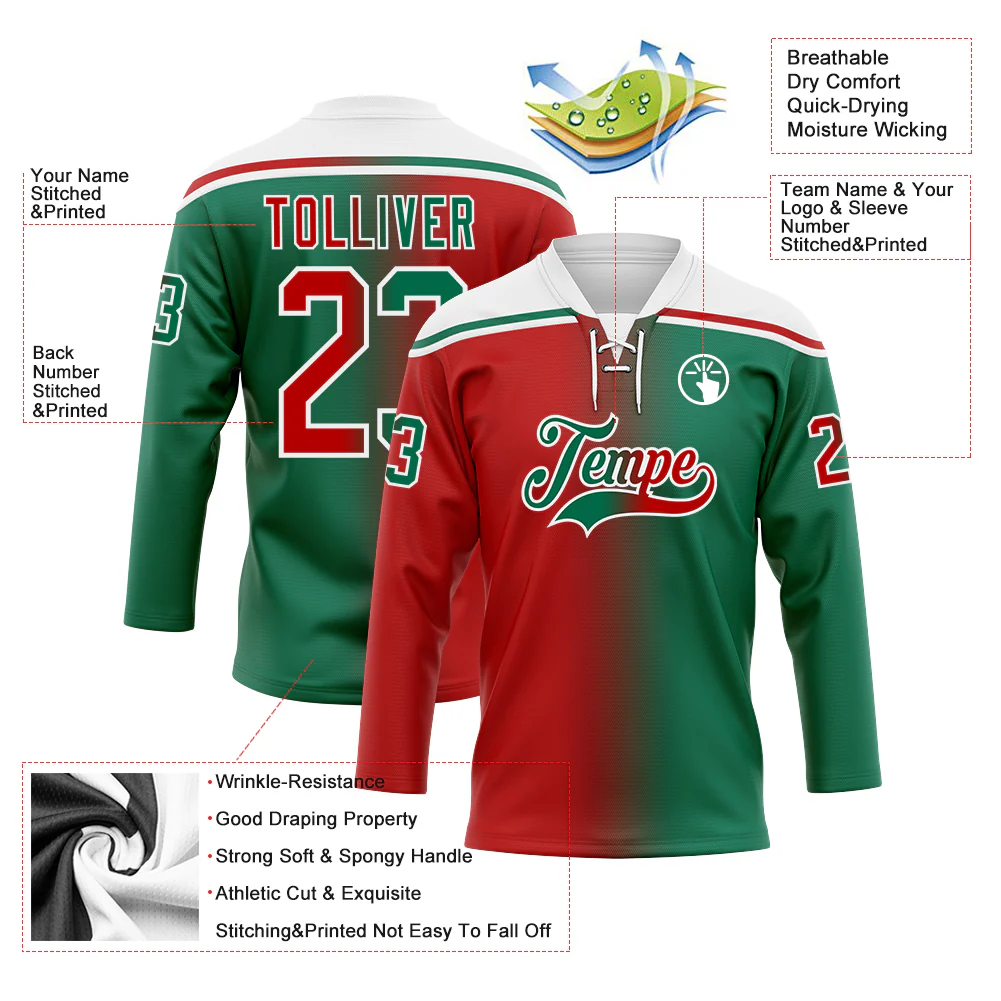Custom Kelly Green Red-White Gradient Fashion Hockey Lace Neck Jersey - Image 5